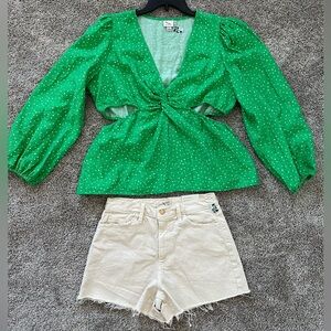 A New Day Green Polka Dot Cut Out Long Sleeve Blouse top Universal Thread Shorts